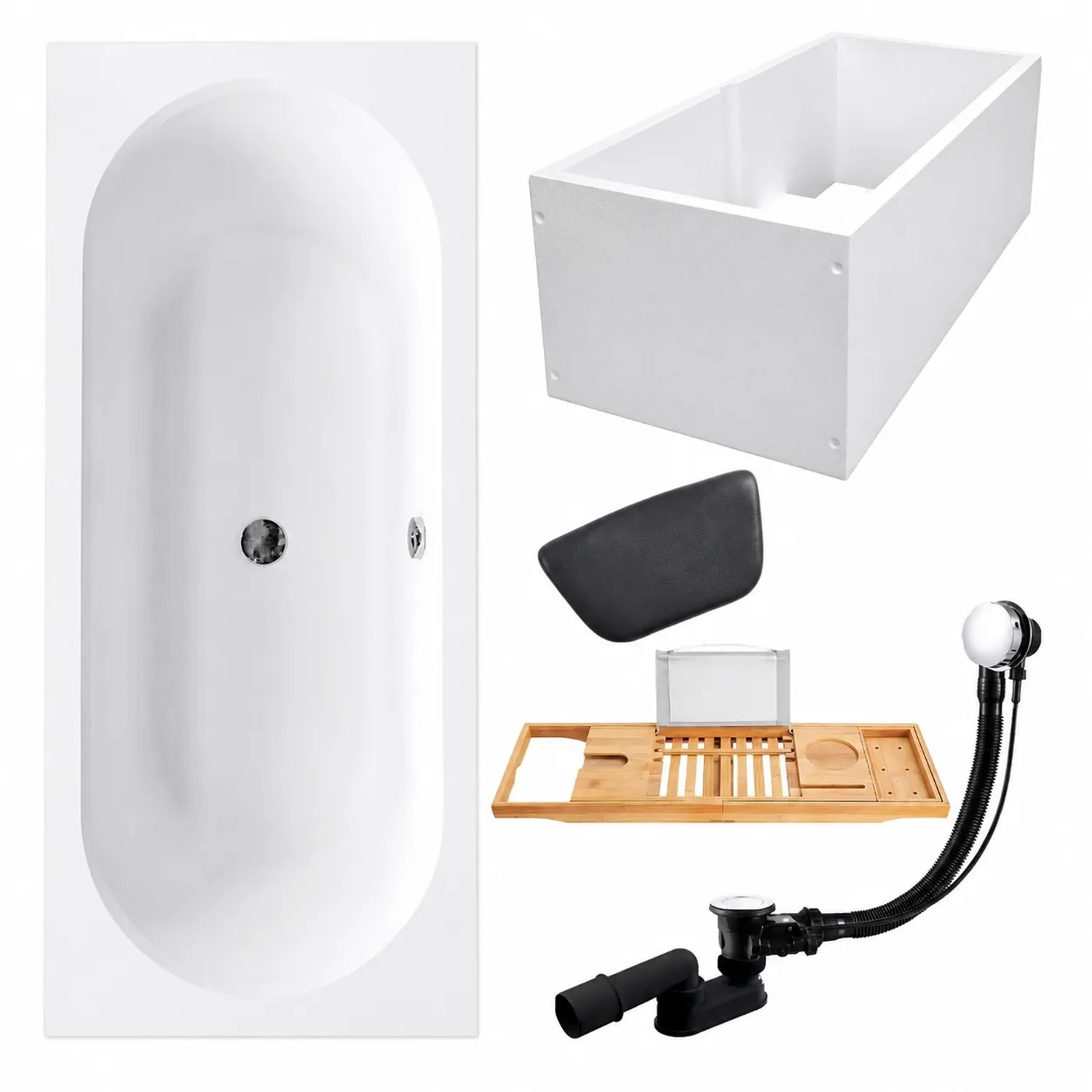 KOLMAN Badewanne Rechteck 160 x 75 Cm Mit Wannenträger Mit Bambus Badewannenablage Mit Kopfstütze Inkl. Ablauf Und Füße