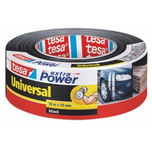 Schwarzes Tesa Extra Power Universal Gewebeband, 50 m x 50 mm, auf Rolle. Ideal für schnelle Reparaturen & Befestigungen.
