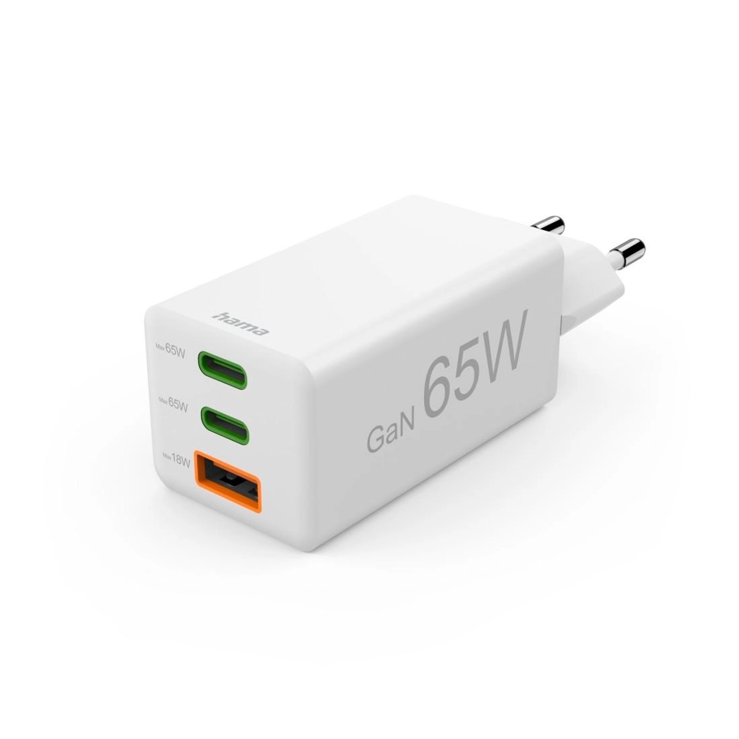 Hama Schnellladegerät GaN 2x USB-C 1x USB-A Mini-Ladegerät PD 65 W Weiß