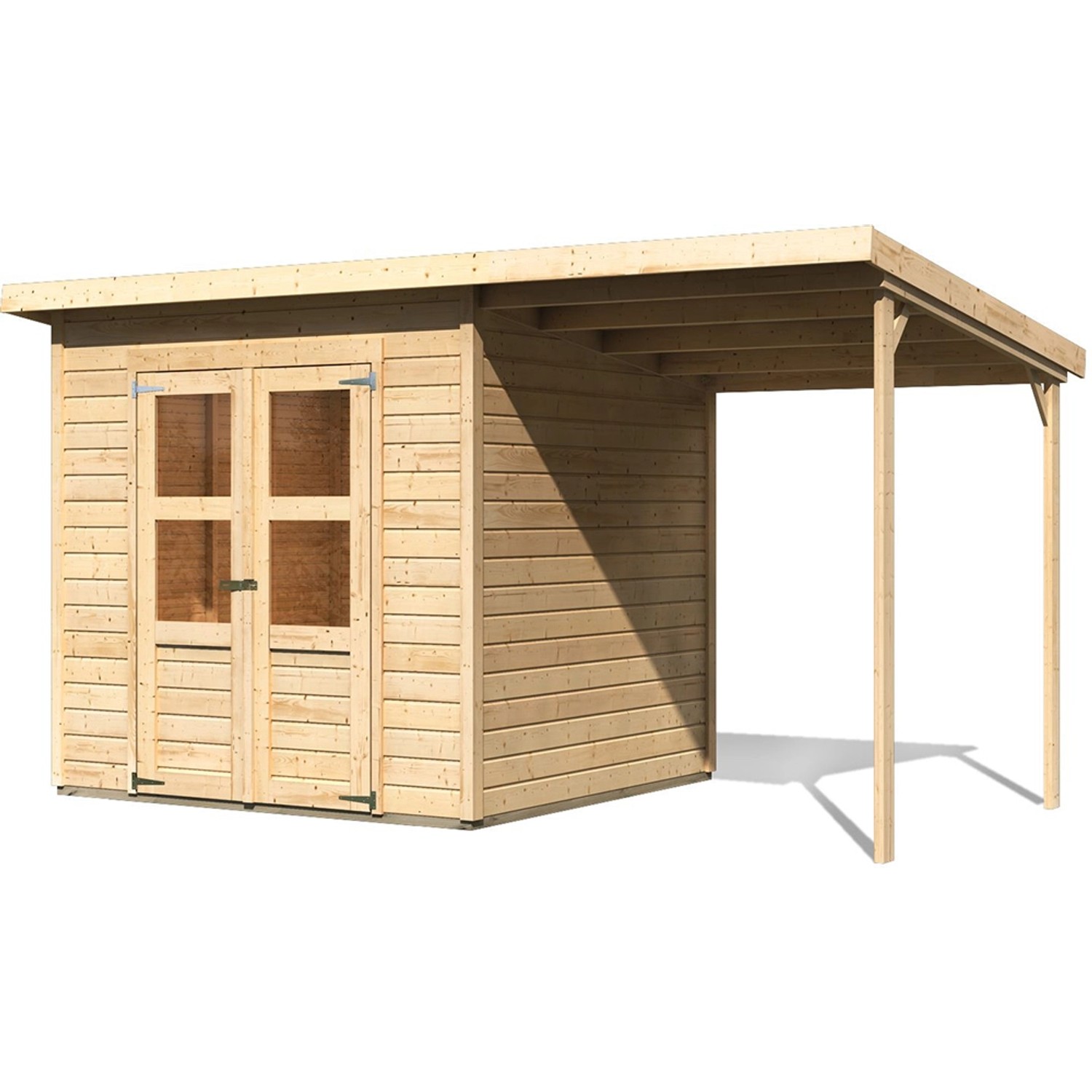 Karibu Holz-Gartenhaus Vellinge, unbehandelt, mit Doppeltür und Anbau. Ideal zur Geräteaufbewahrung.