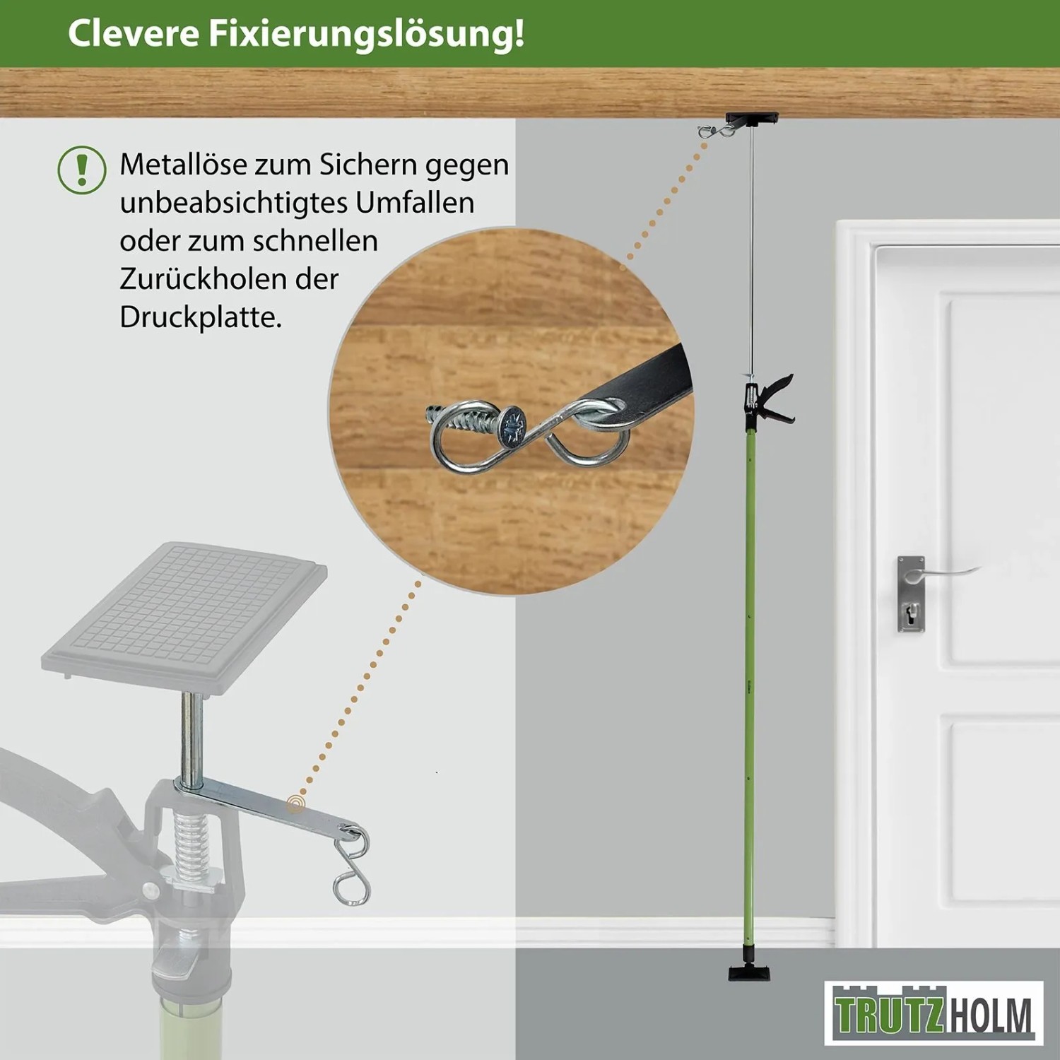 Grüne TRUTZHOLM Einhandstütze teleskopierbar, 115-290 cm, mit Metallöse zur Sicherung. Ideal für Deckenmontage.