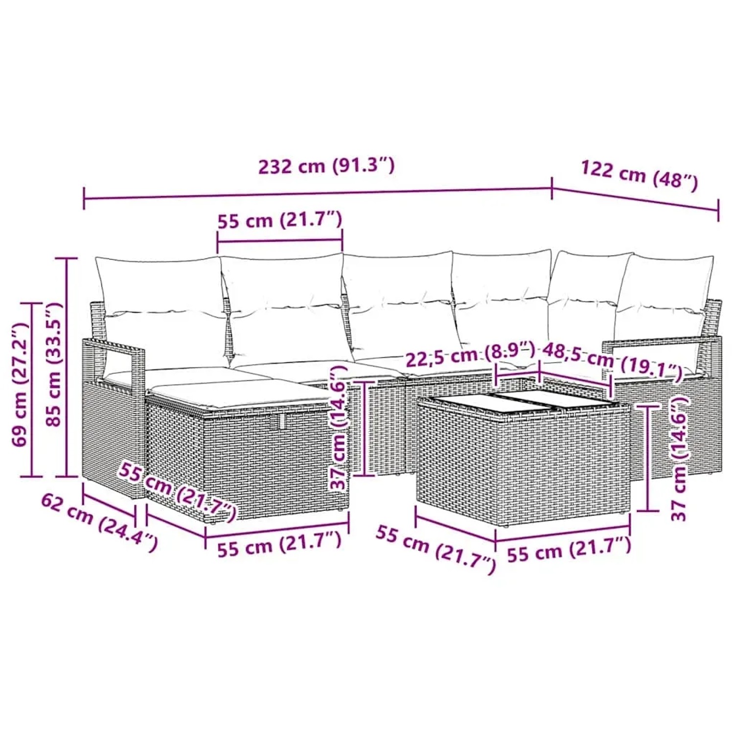 Schwarzes 7-teiliges Garten-Sofa-Set aus Polyrattan mit Kissen und Tisch, Maße siehe Bild.