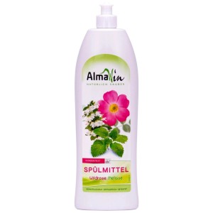 Almawin Spülmittel Wildrose Melisse, 1 Liter Flasche für die Geschirrreinigung.