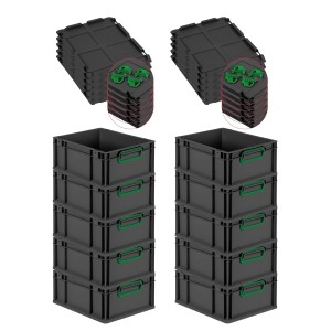 PROREGAL SuperSparSet: 10 schwarze Euroboxen mit grünen Griffen und Auflagedeckel. Aufbewahrungsboxen.