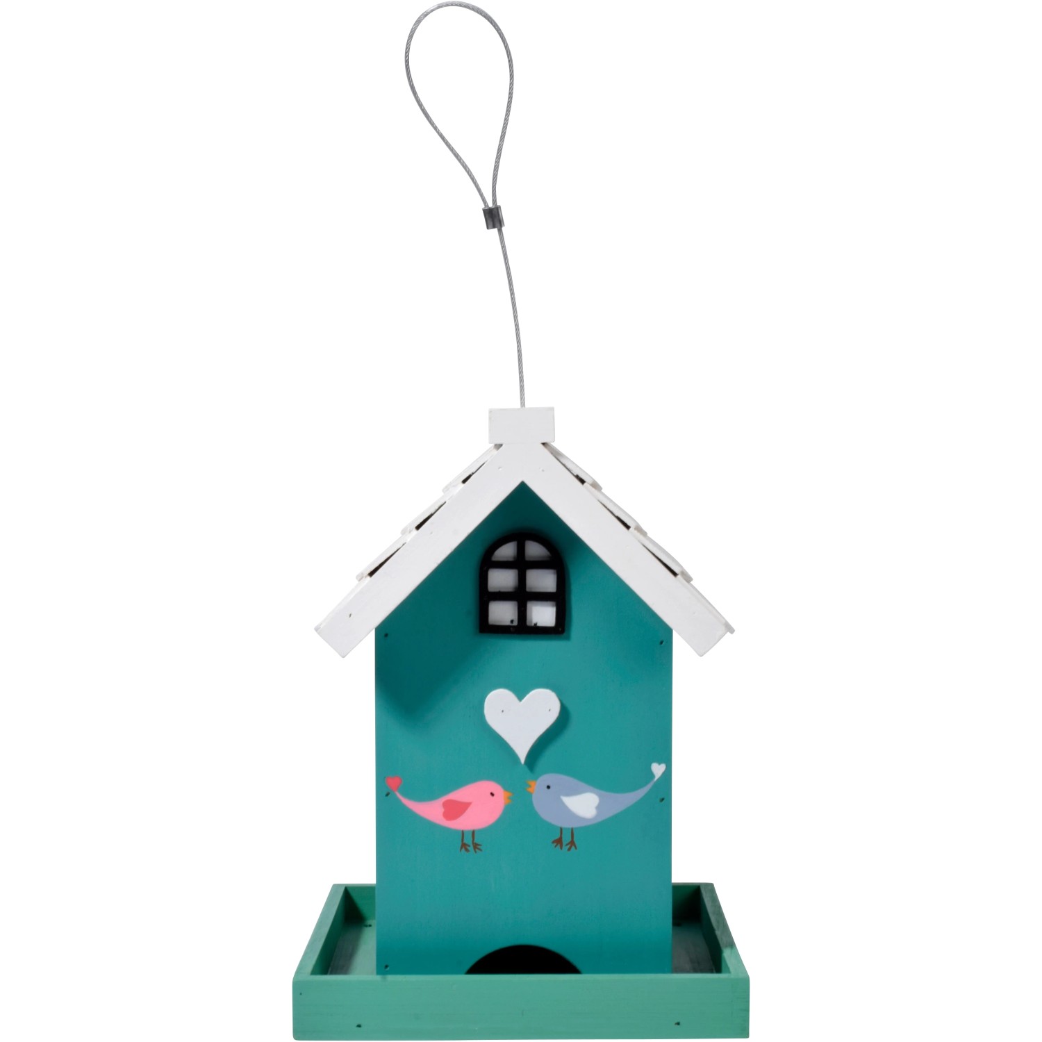 Herzförmiges Vogelhaus Ambiente aus Holz mit Vogel-Motiv und Aufhängung.