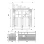 Technische Zeichnung eines Timbela Anbau-Gartenhauses aus Holz mit Seitenwand, Bemaßung in cm.