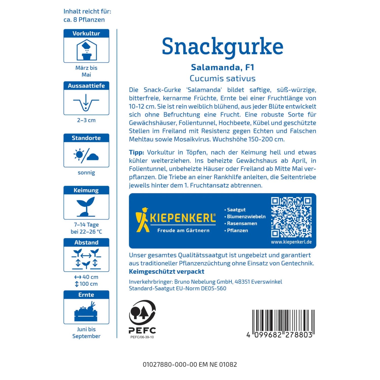 Kiepenkerl Salatgurke Salamanda F1 Samenpackung, Snackgurke für Freiland und Gewächshaus.