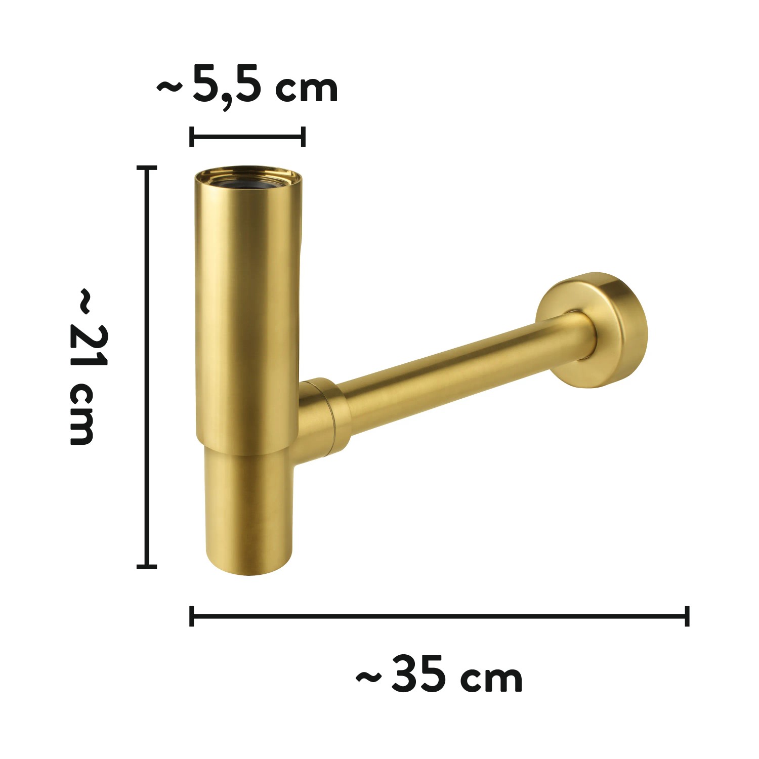 baliv Flaschensiphon DS-3460, Gold Matt, für Waschbecken. Detailaufnahme mit Maßangaben.