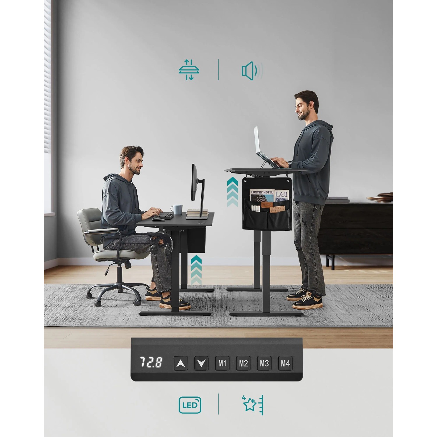 Songmics, elektrisch höhenverstellbarer Schreibtisch, 140x120x60 cm, schwarz, mit Kabelmanagement und USB-C Ladefunktion.