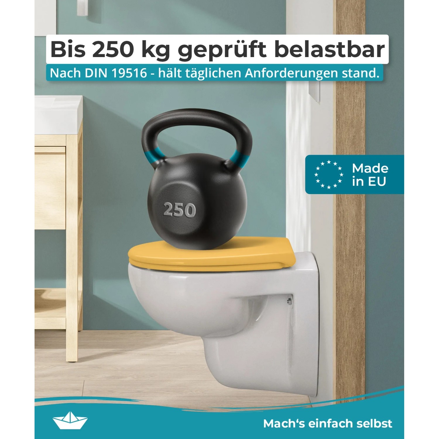 Curry-gelber WC-Sitz auf Toilette mit 250 kg Hantel, demonstriert hohe Belastbarkeit.