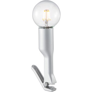 Silberne Klemmleuchte „Turn me“ von Just Light mit runder Glühbirne. Design-Tischlampe.