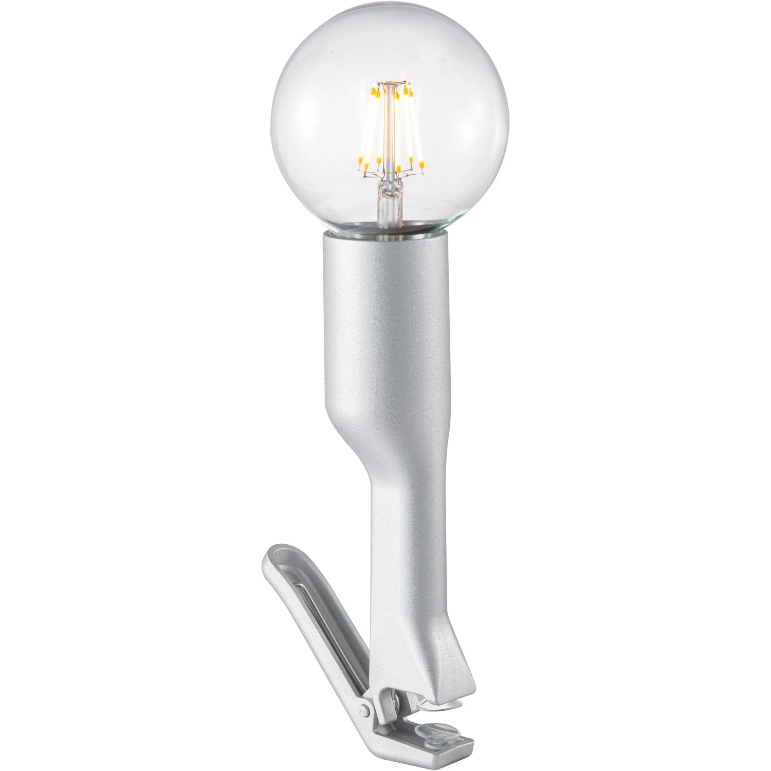 Silberne Klemmleuchte „Turn me“ von Just Light mit runder Glühbirne. Design-Tischlampe.