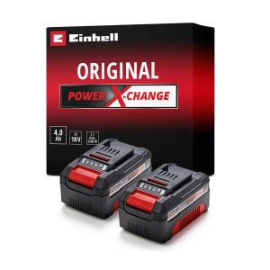 Einhell Power X-Change Akku Twinpack 2x 18V 4Ah, zwei Akkus mit roter Akzentfarbe vor Produktverpackung.
