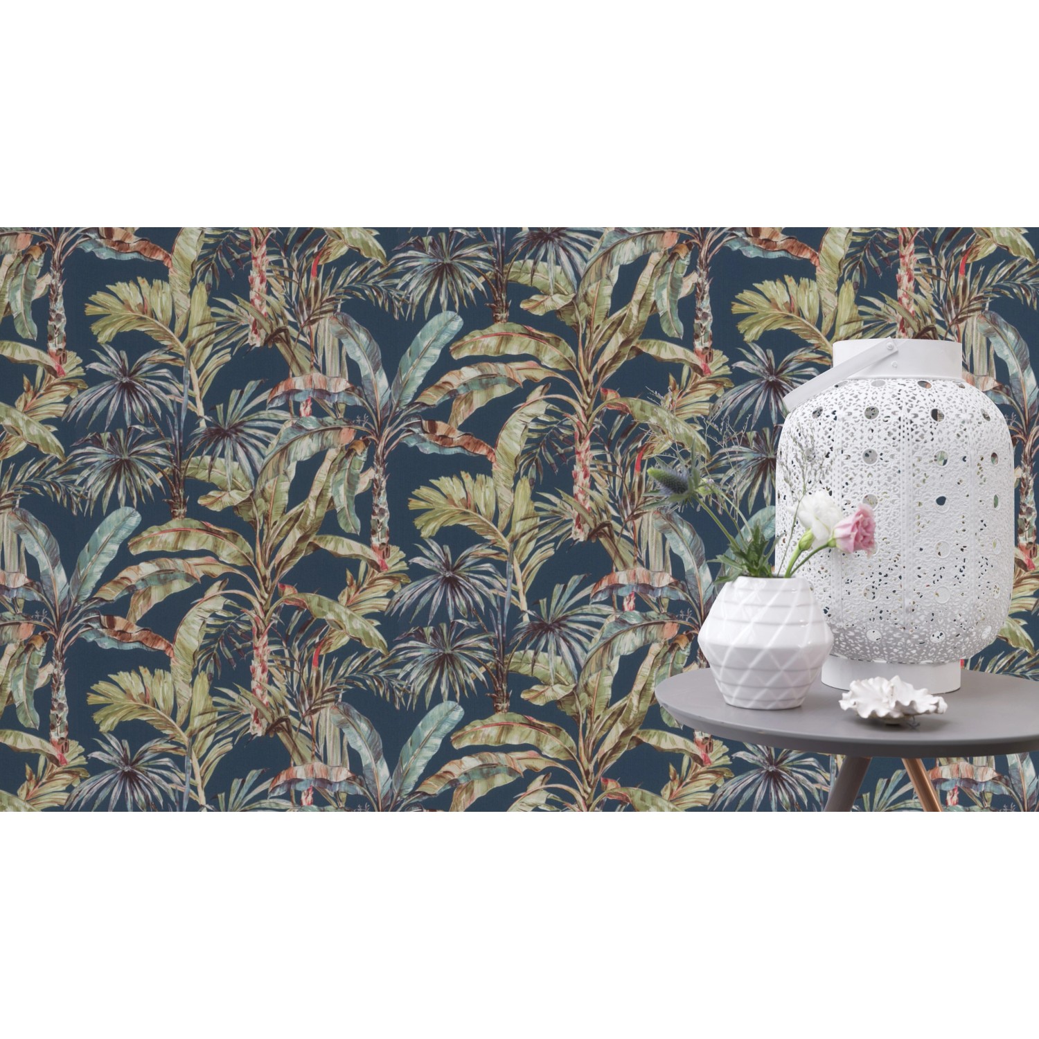 Rasch Vliestapete Florentine III mit Palmenmuster in Dunkelblau, 10,05x0,53m.