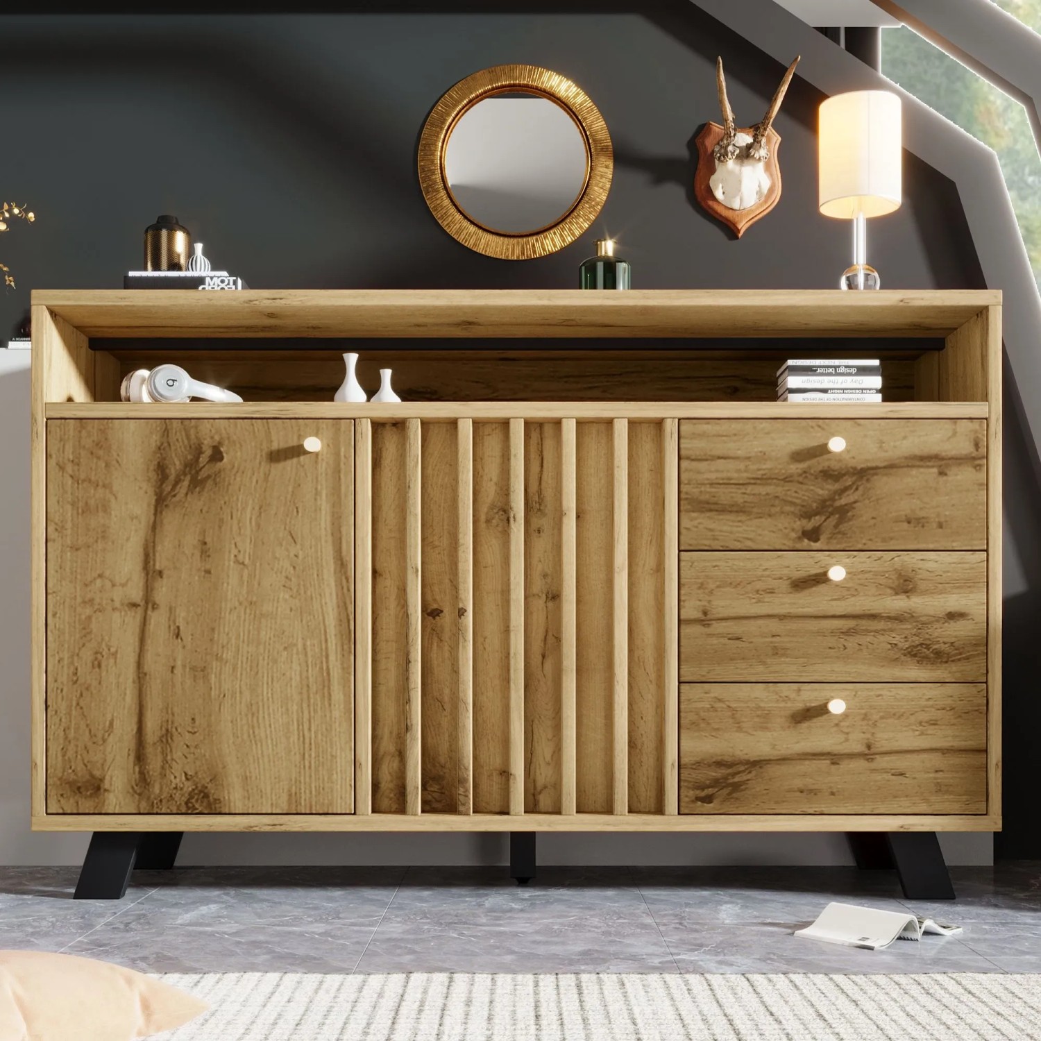 Merax Sideboard 120x40x85cm Lamellenfront Eiche_2