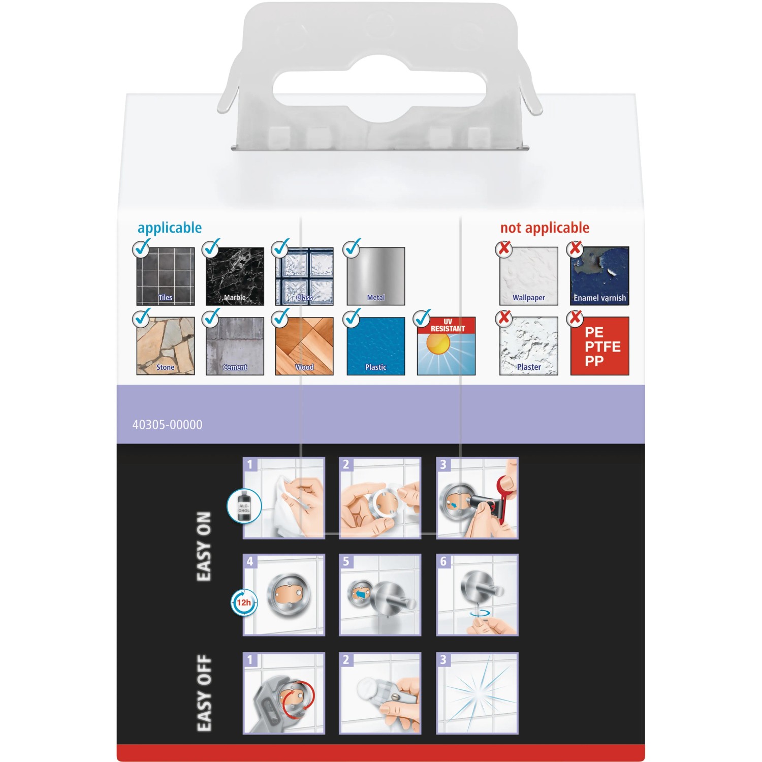 Verpackung Tesa Moon Doppelhaken: Montageanleitung und Anwendungsbereiche für den Handtuchhalter.