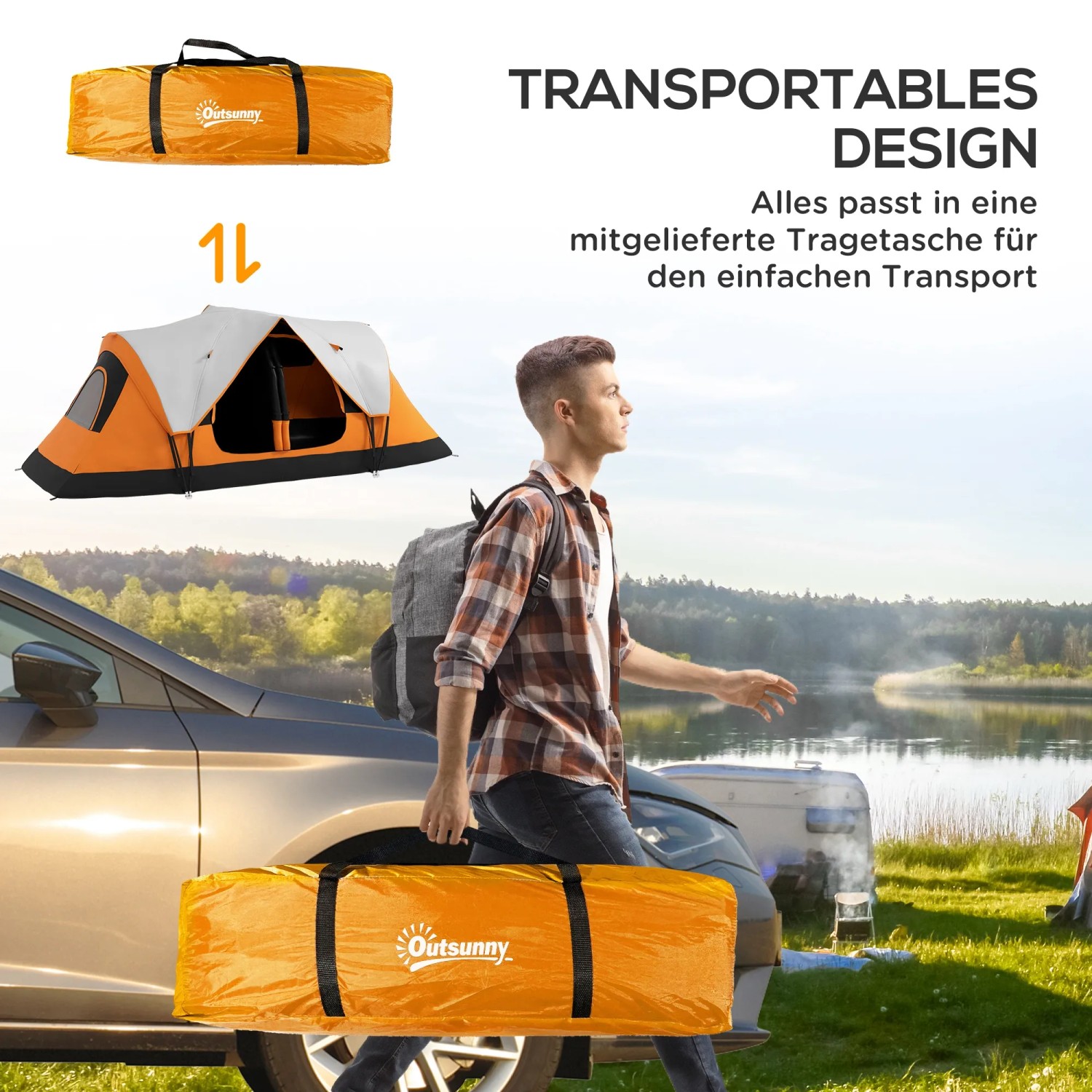 Outsunny Campingzelt, orange, mit Tragetasche und Person im Hintergrund. Ideal für Camping & Outdoor.