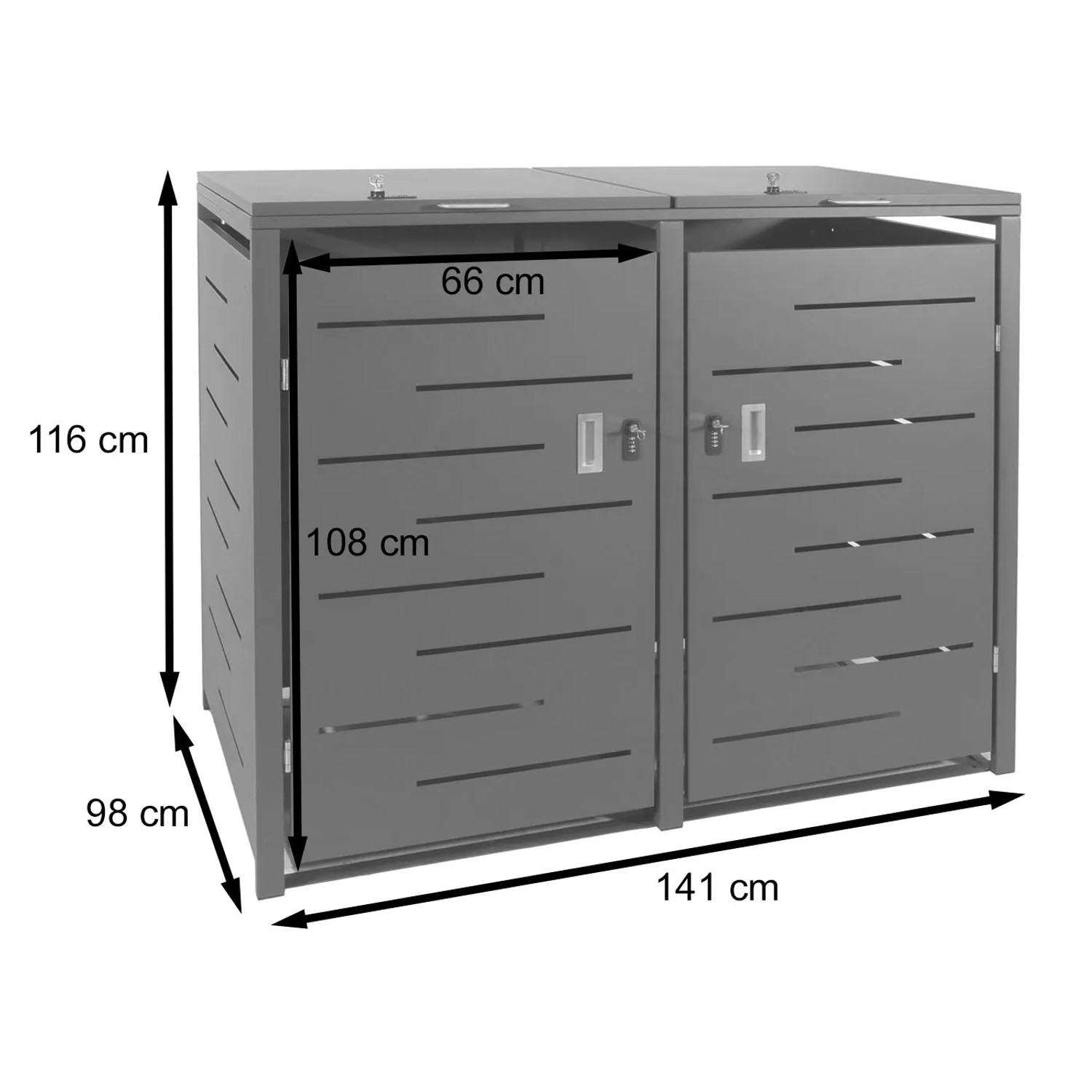 MCW Mülltonnenbox E83, anthrazitfarben, Stahl, für 2 Tonnen, mit Maßen. Abschließbare Mülltonnenverkleidung.