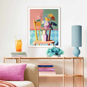 Gerahmtes Bild Floral Chair, mehrfarbig, 50x40 cm. Wandbild mit Blumen auf Stuhl für Wohnzimmer.