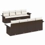 Braunes 9-tlg. vidaXL Garten-Sofa-Set aus Poly Rattan mit Tisch und cremefarbenen Kissen.