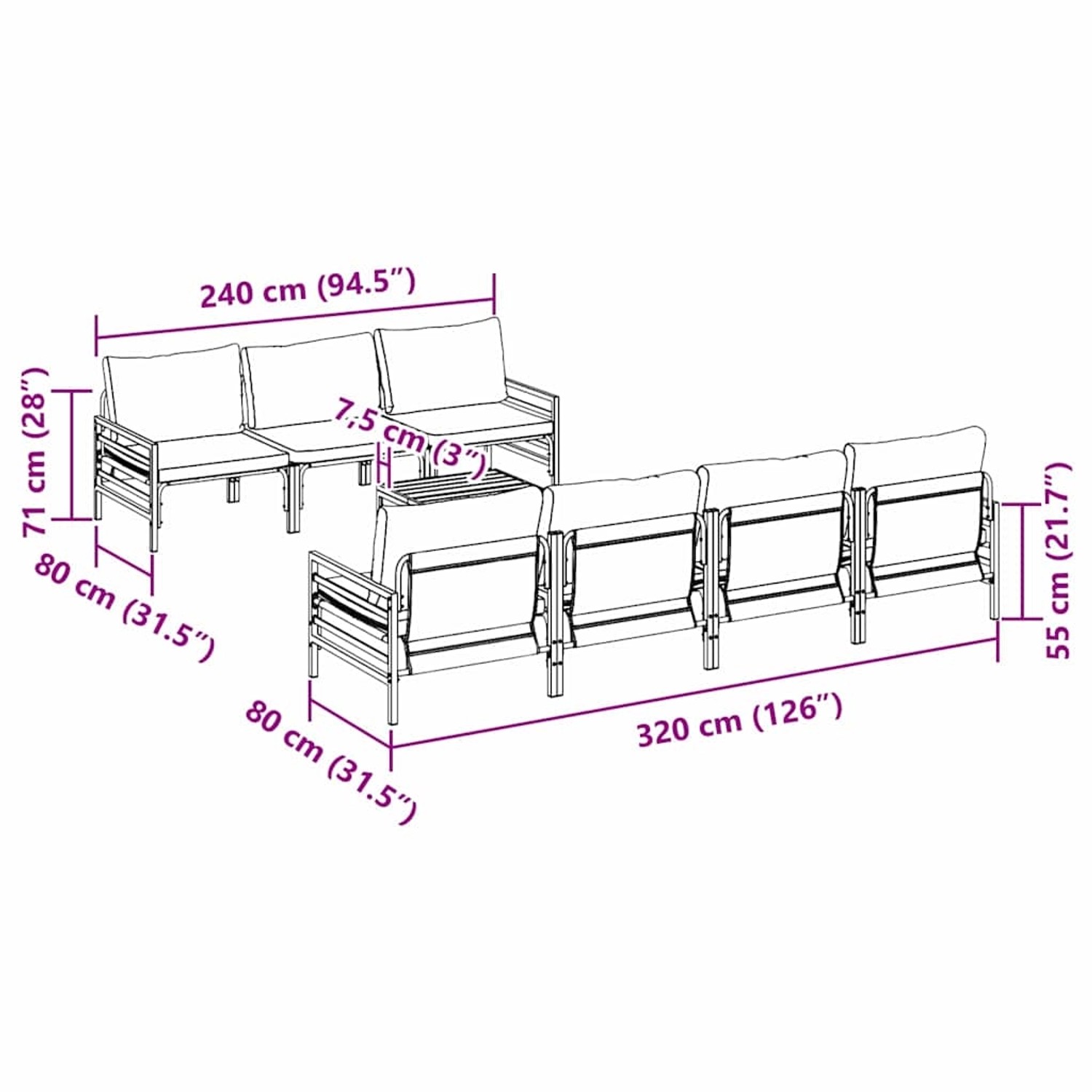 vidaXL Gartenmöbel-Set, 8-teilig, anthrazitfarben, Stahl/Gewebe, mit Maßen. Ideal für Terrasse und Garten.