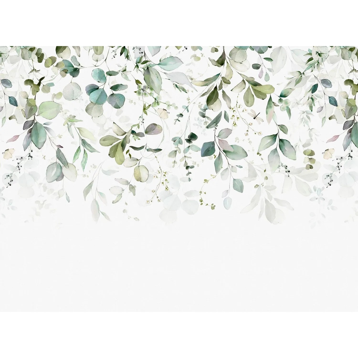 Fototapete Floral in Grün, Blau und Weiß mit Aquarell-Blättern.