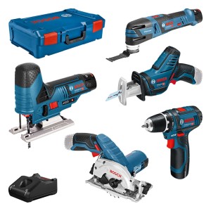 Bosch Professional 12V Akkugeräte Set: 5 blaue Werkzeuge (Stichsäge, Bohrschrauber, Kreissäge, Säbelsäge, Multicutter), Ladegerät, XL-Boxx.