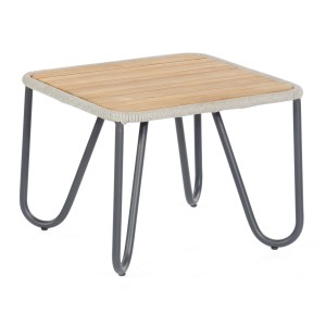 Quadratischer Natur24 Lounge-Beistelltisch aus Teakholz, Polyrope und Aluminium in Silbergrau.