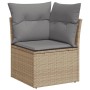 Beige Garten-Sofagarnitur aus Rattan mit grauen Kissen, Eckelement.
