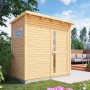 Bertilo Gartenhaus Pentus 1 aus naturbelassenem Holz mit Fenster und Tür im Garten.