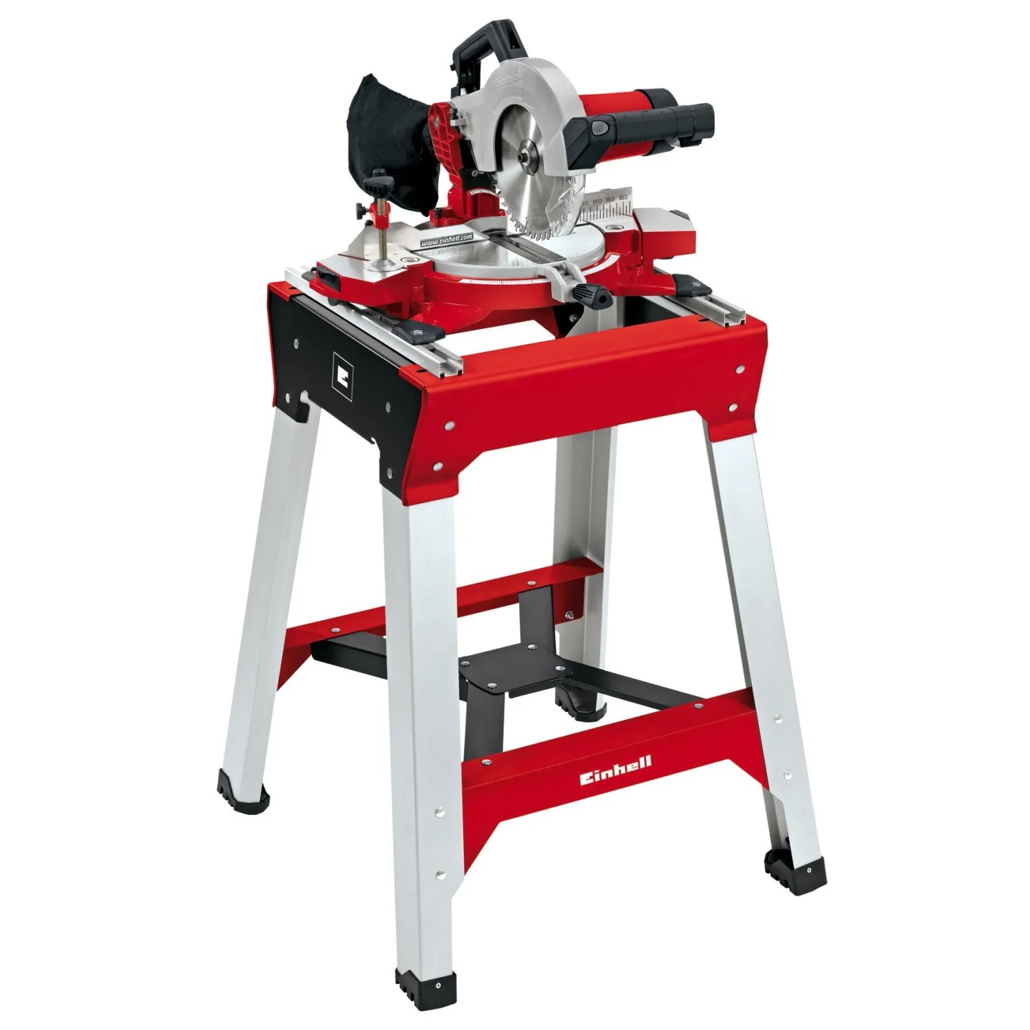 Einhell Universal-Kappsägen-Untergestell mit Kappsäge, Aluminium Montageschiene und höhenverstellbarem Fuß.