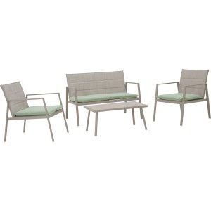 4-teiliges Gartenmöbel-Set Jamapa: Lounge-Set mit Sofa, Sesseln und Tisch, Stahl/Textil hellgrau-grün.