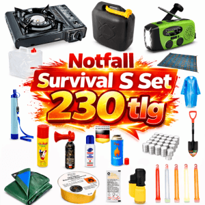 JUNG BLACKOUTPro Notfall Survival Kit 230 tlg. Umfassendes Set mit Gaskocher, Radio, Wasserfilter, Teelichtern für Krisen & Outdoor.