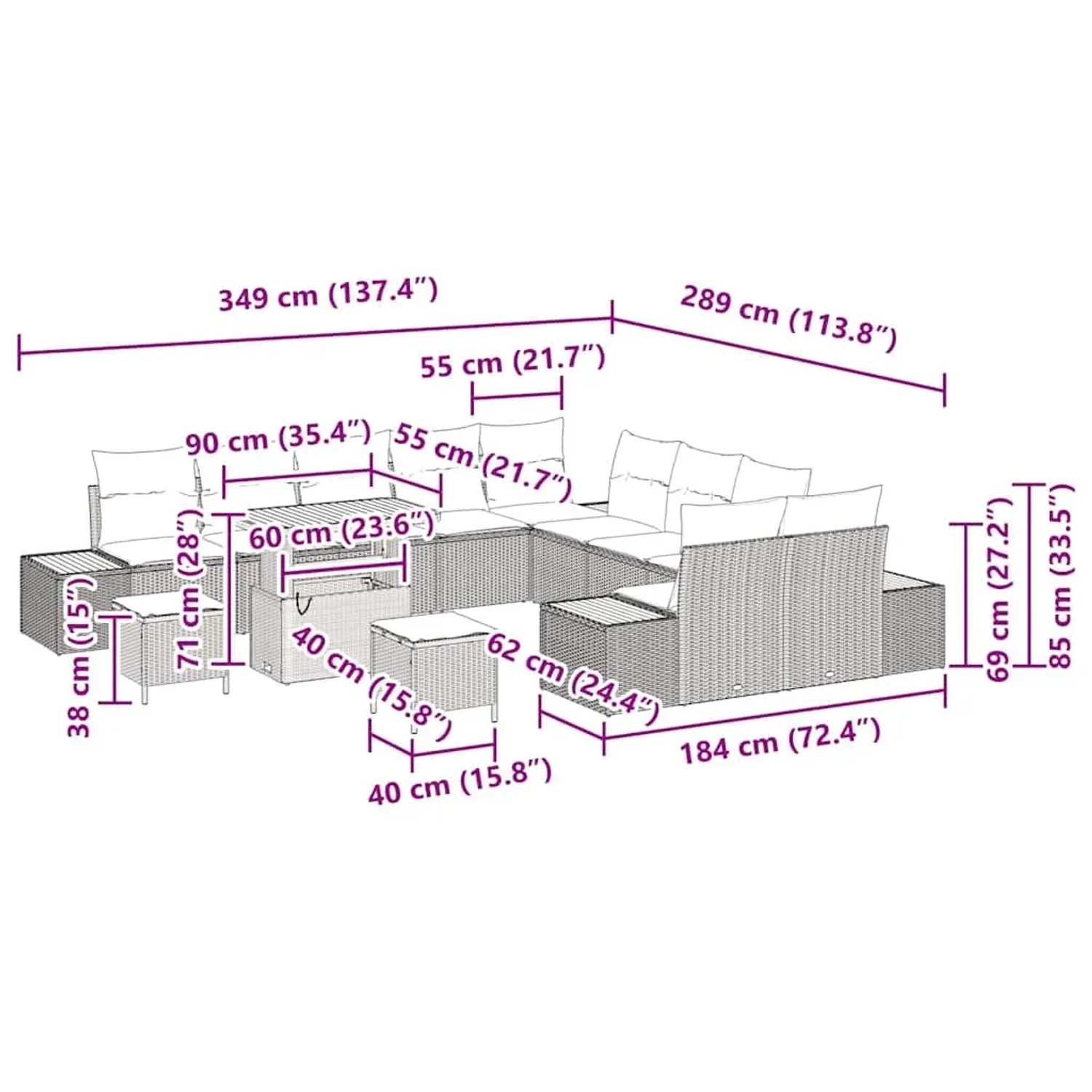 vidaXL Gartenmöbel-Set, 13-teilig, schwarzes Poly Rattan Sofa-Set mit Kissen und Tisch.