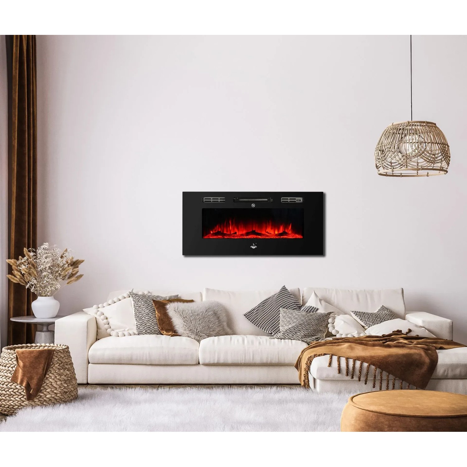 El Fuego Elektrokamin Bern 130 mit LED-Flammeneffekt, montiert an einer weißen Wohnzimmerwand.