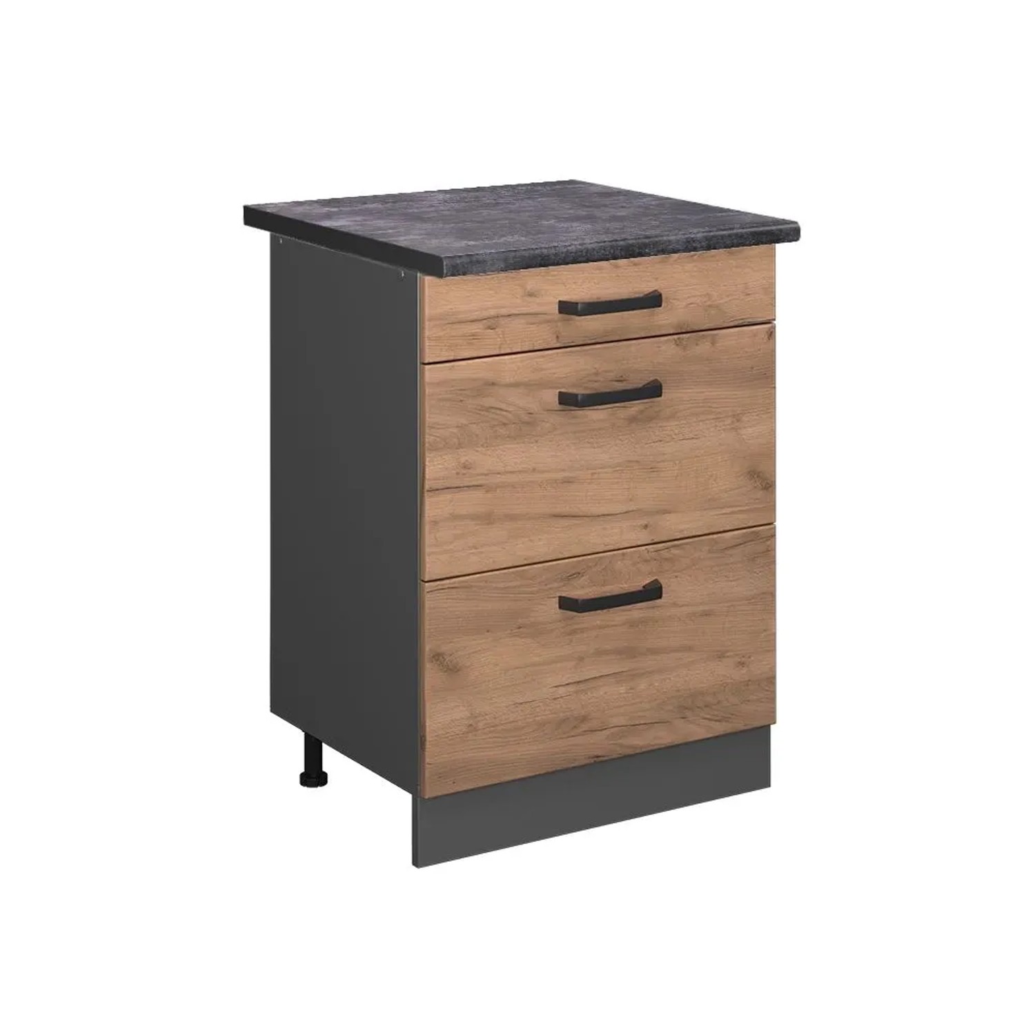 Vicco Küchenunterschrank R-Line Goldkraft Eiche Anthrazit 60 cm mit Schubladen AP Anthrazit mit Anthrazit Korpus