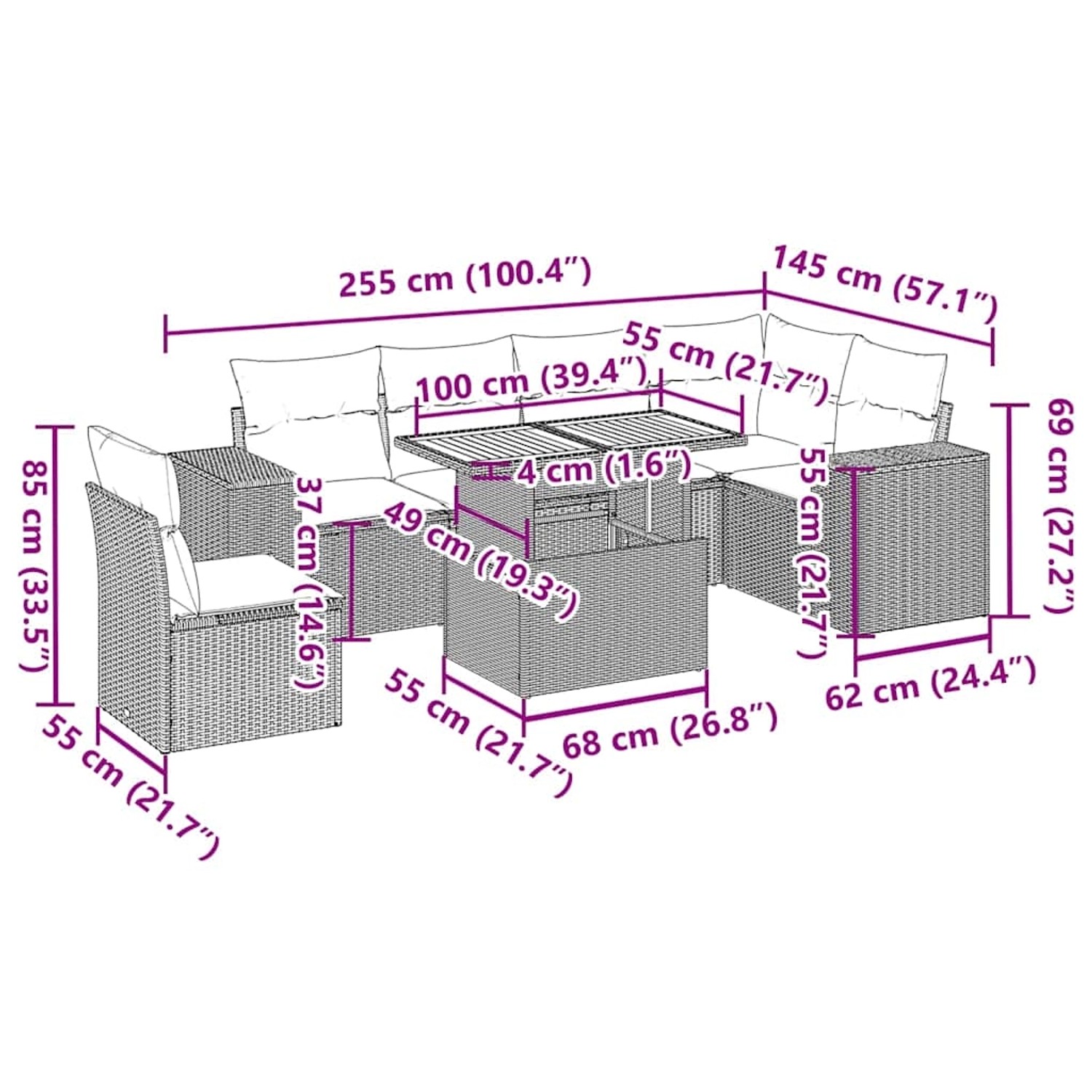 vidaXL 7-tlg. Garten-Sofagarnitur, schwarzes Poly Rattan mit Kissen, Maße siehe Bild.