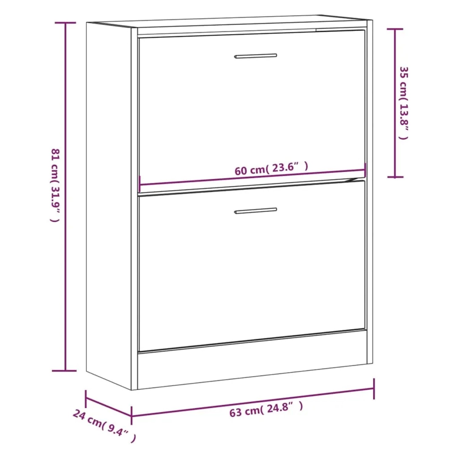 Maßzeichnung vidaXL Schuhschrank Grau Sonoma, 2 Klappen, 63x24x81 cm. Moderner Schuhkipper aus Holzwerkstoff.