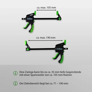 TRUTZHOLM Einhandzwingen, 10er Set, Spannweite 105mm, Dehnbereich 190mm, schwarz/grün.