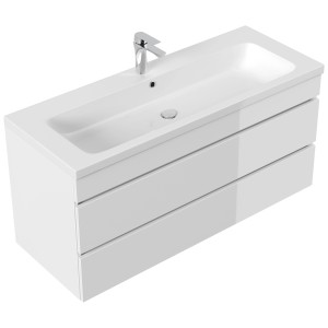 Posseik Badmöbel Fellini 120, weiß hochglanz, mit grifflosen Schubladen und Mineralgusswaschbecken.