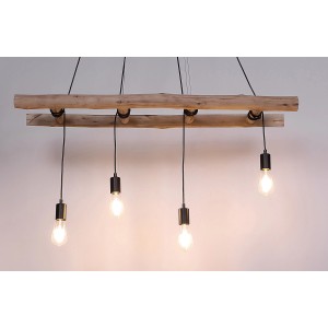 Globo Pendelleuchte Irmgard aus Naturholz mit vier Edison-Glühbirnen.