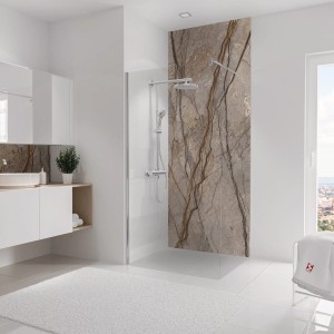 Hochglanz Duschrückwand im Marmor-Kastanie Design, 255x100 cm, für moderne Badgestaltung.