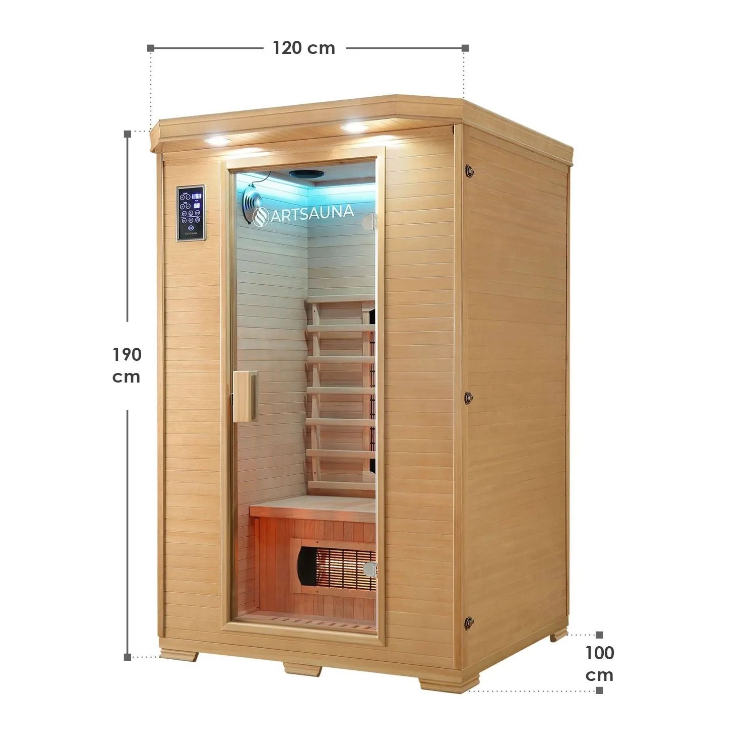 Artsauna Infrarotkabine Oslo aus Hemlockholz mit Vollspektrumstrahlern, Stellmaß 120x100x190 cm.