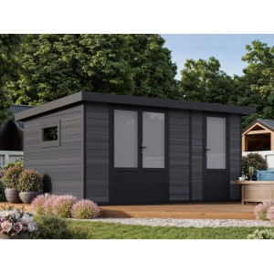 Modernes, graues Fjordholz WPC Gartenhaus Modell Style DeLuxe mit zwei Räumen und Flachdach.