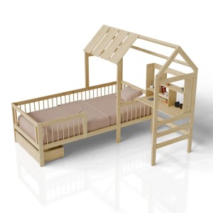 Juskys Kinderbett Yari 90x200 cm Natur mit Schreibtisch und Schublade.