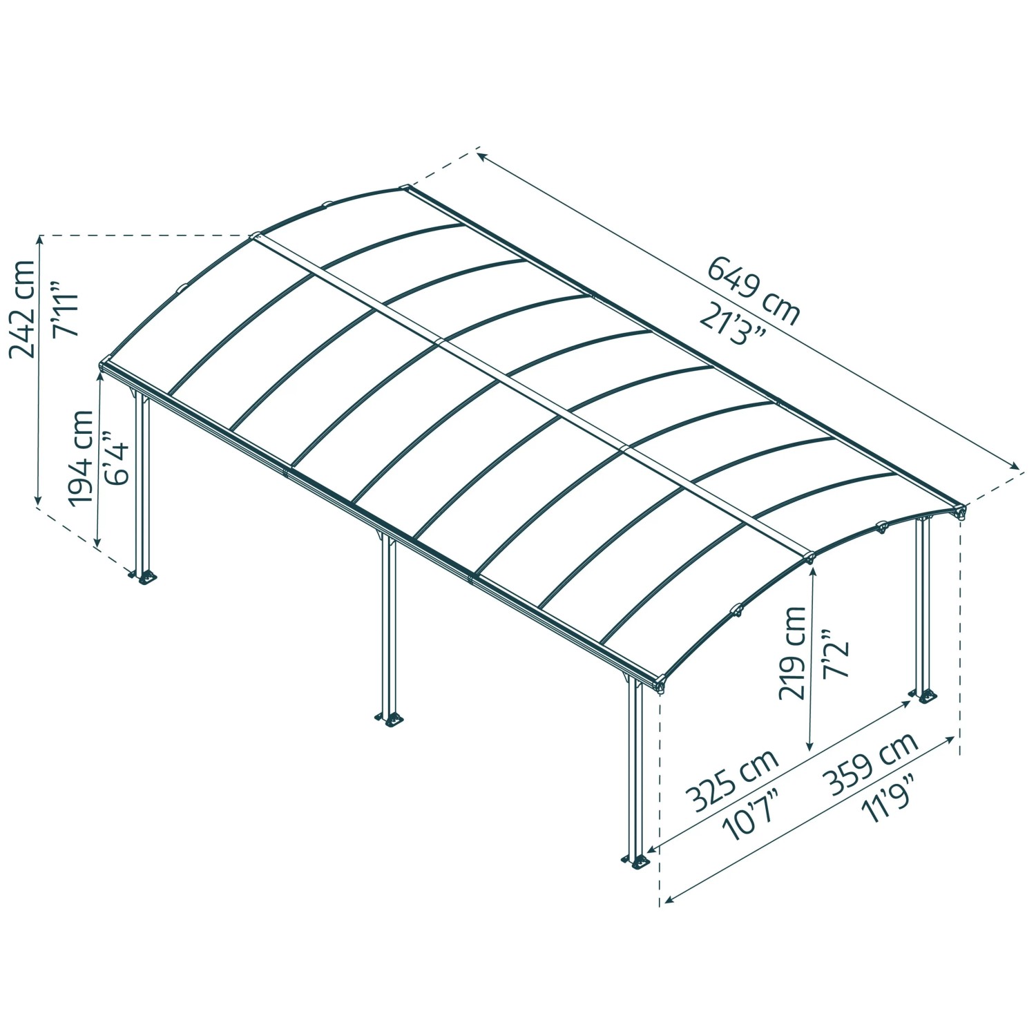 Maße des anthrazitfarbenen Canopia Carport Arcadia 6400: 360 x 650 cm. Technische Zeichnung.