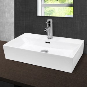 Weißes, eckiges ECD Germany Handwaschbecken 605x365 mm mit Ablaufgarnitur.