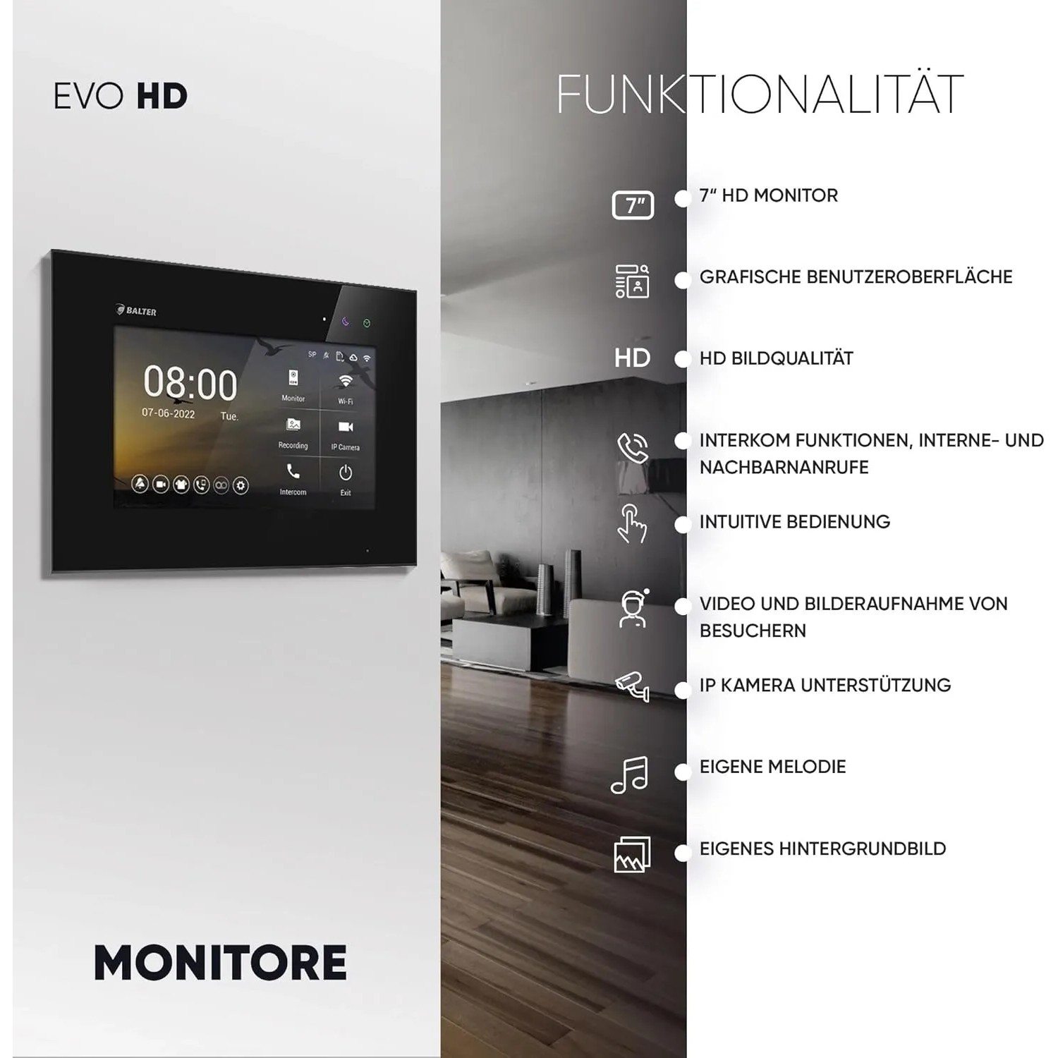 Balter EVO-HD Video-Türsprechanlage mit Fingerprint, 7-Zoll Monitor, schwarz.