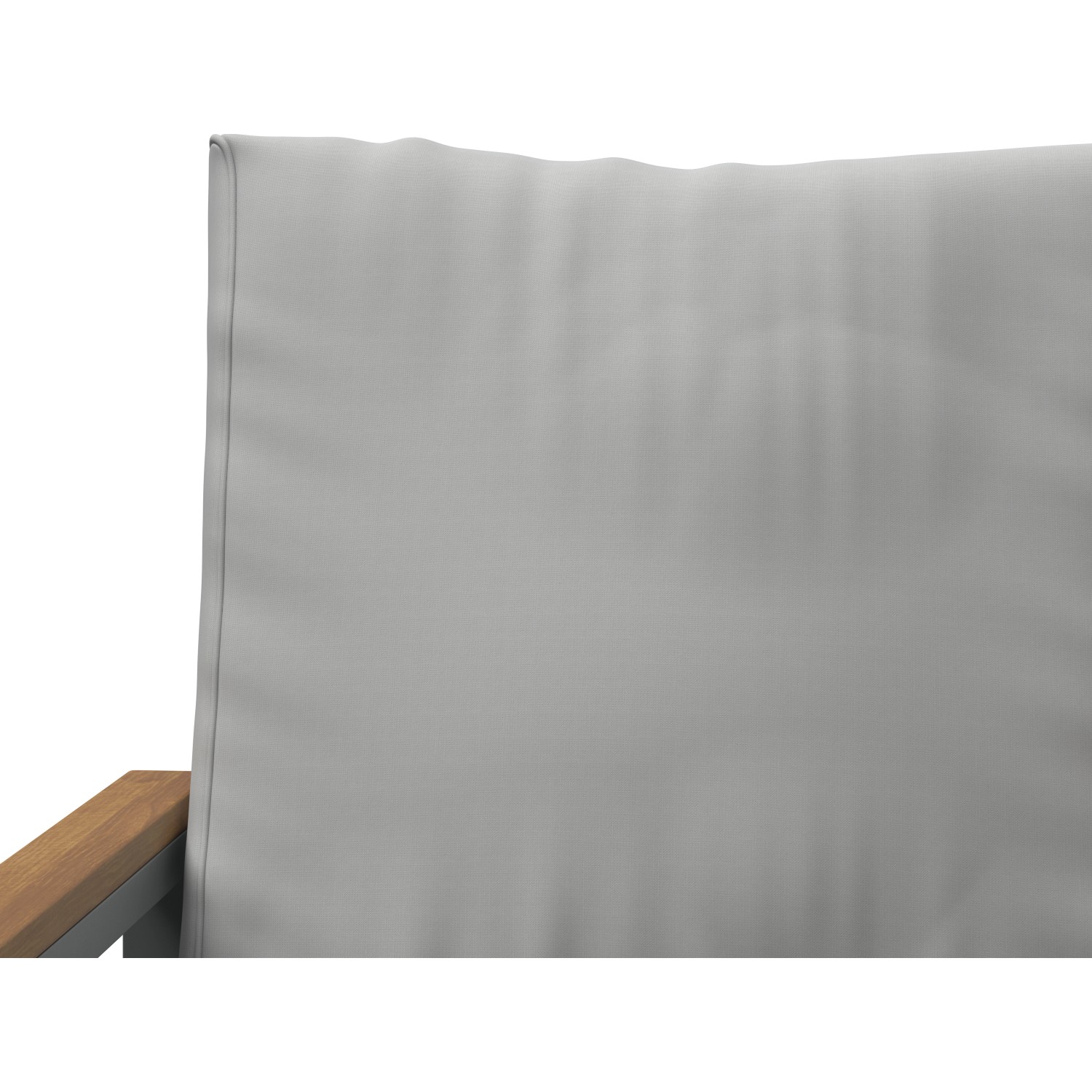 Detailaufnahme: Beige Polster der Loungegruppe Moonbeam mit Akazienholz-Armlehne.