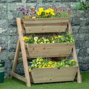 Outsunny Blumentreppe aus Tannenholz mit drei Pflanzkästen, bepflanzt mit bunten Blumen.